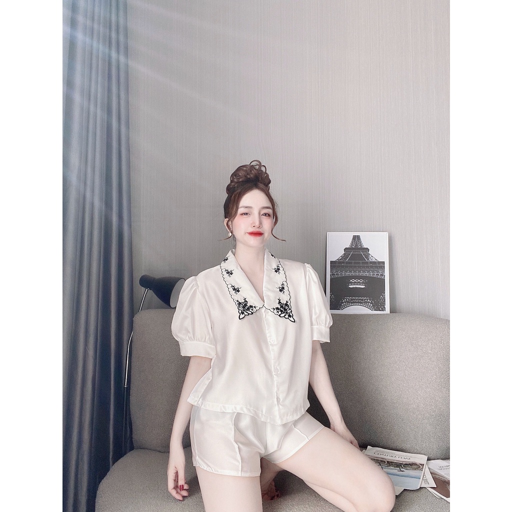 Đồ bộ mặc nhà quần đùi bộ đồ ngủ nữ cổ thêu lụa satin thoáng mát