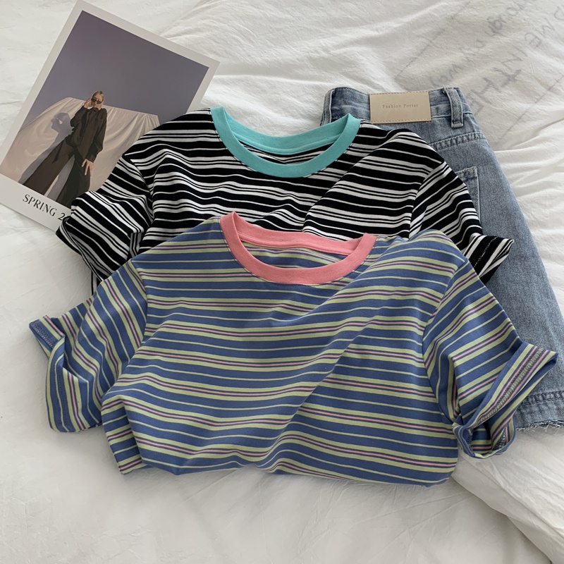 SUXI Áo Thun Ngắn Tay Cổ Tròn Họa Tiết Kẻ Sọc Đơn Giản Thời Trang Mùa Hè Dành Cho Nữ
