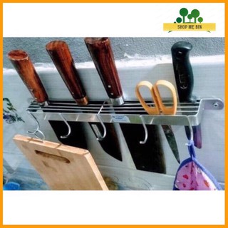 Giá treo dao, thớt, móc cài dao thớt treo tường inox dài 40cm kèm 5 móc và 3 hàng cài dao