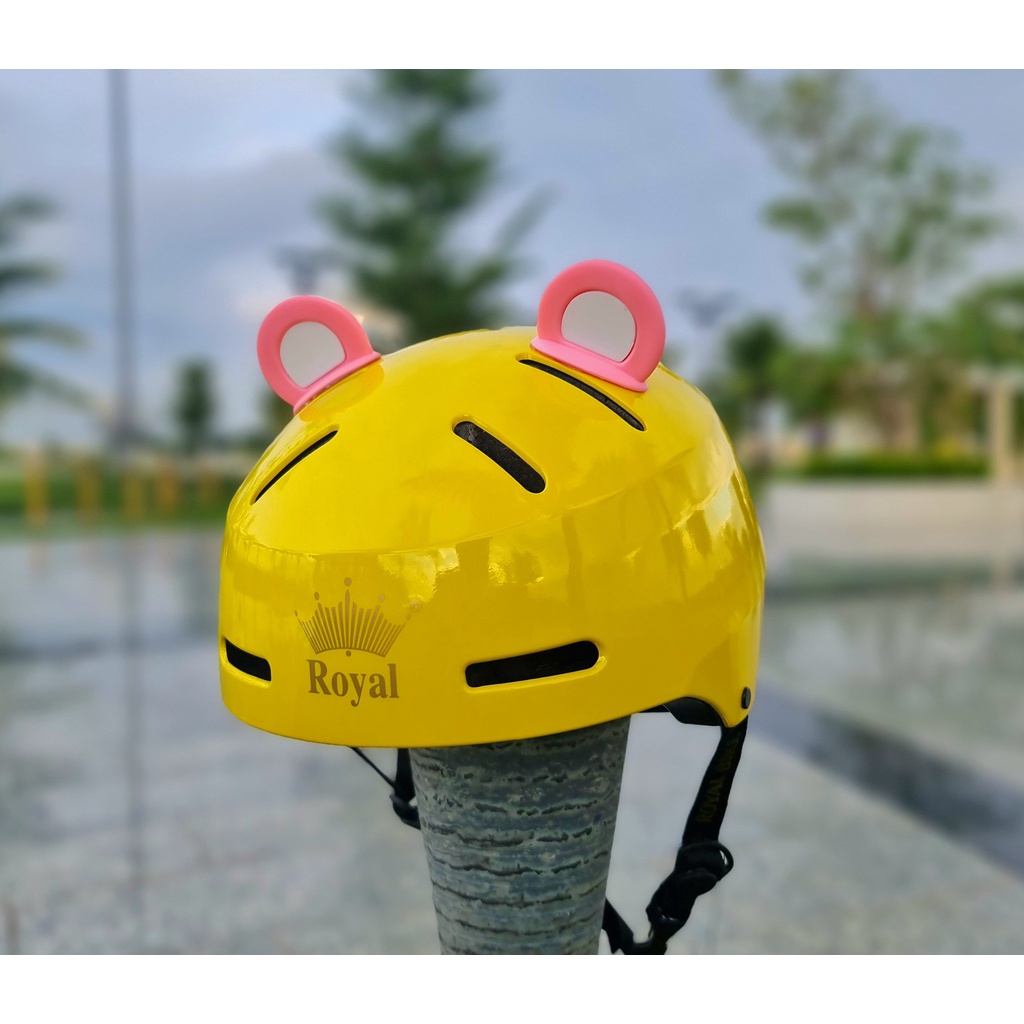 Combo Nón bảo hiểm Royal MD17 vàng bóng gắn tai gấu hồng trắng cute