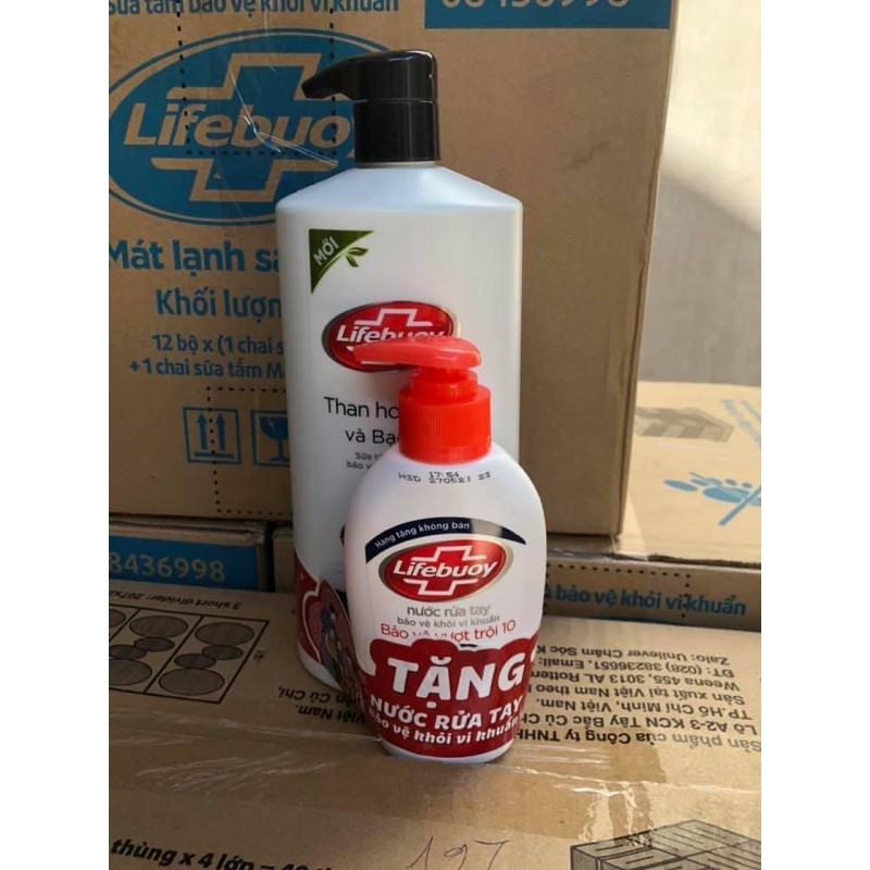 SỮA TẮM LIFEBUOY THAN HOẠT TÍNH VÀ BẠC HÀ 850gr tặng