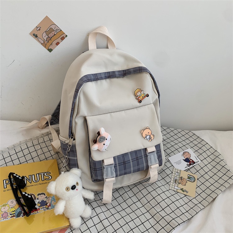 Balo Ulzzang Nữ Đi Học Đẹp Kẻ Sọc Caro Dễ Thương Cute Bằng Vải Canvas (tặng kèm 3 sticker gắn)