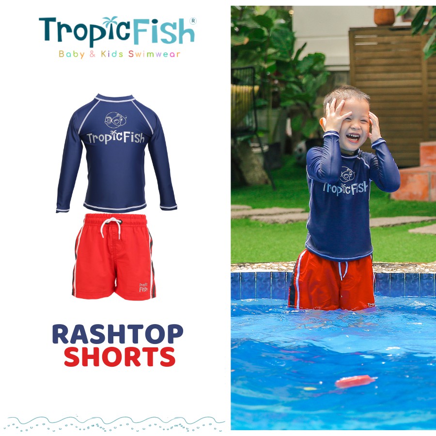 Combo đồ bơi chống nắng và giữ nhiệt cho bé TropicFish Blue Rashtop &amp; Red Shorts