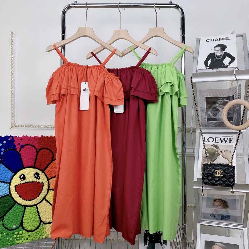 Váy maxi trễ vai 2 dây cánh tiên ngang vai chun bèo dáng dài babydoll suông thụng xoè bệt vai