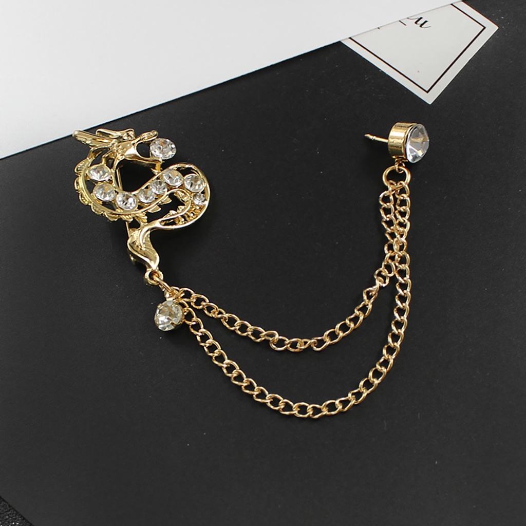 Ghim cài áo hình rồng đính kim cương giả phối dây xích thời trang Trung Hoa