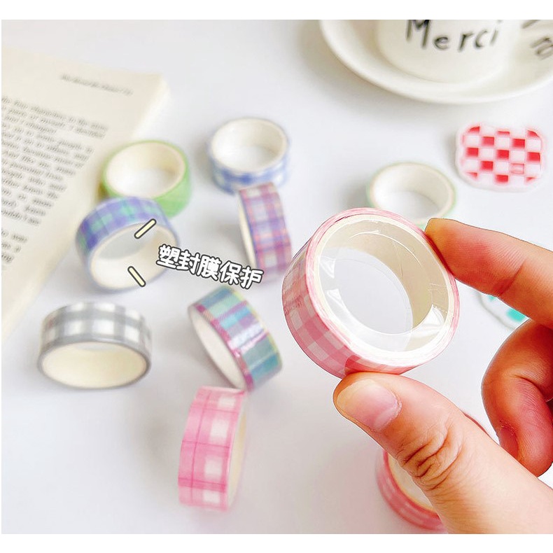 Cuộn băng dính washi tape họa tiết caro dễ thương, màu pastel trang trí sổ, dụng cụ học tập SUNNYSTORE