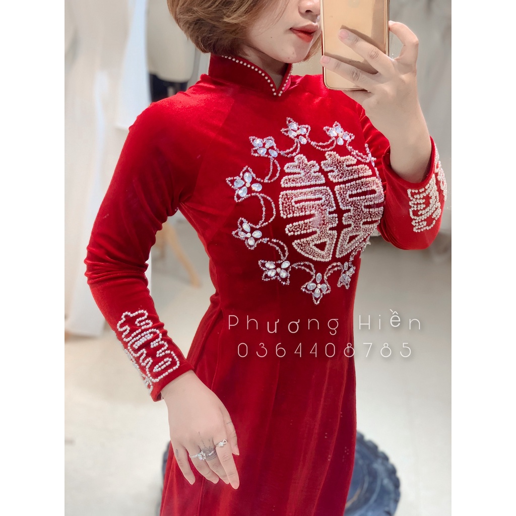 Áo dài cưới lụa nhung cao cấp co dãn 2 tà đính kết chữ hỷ