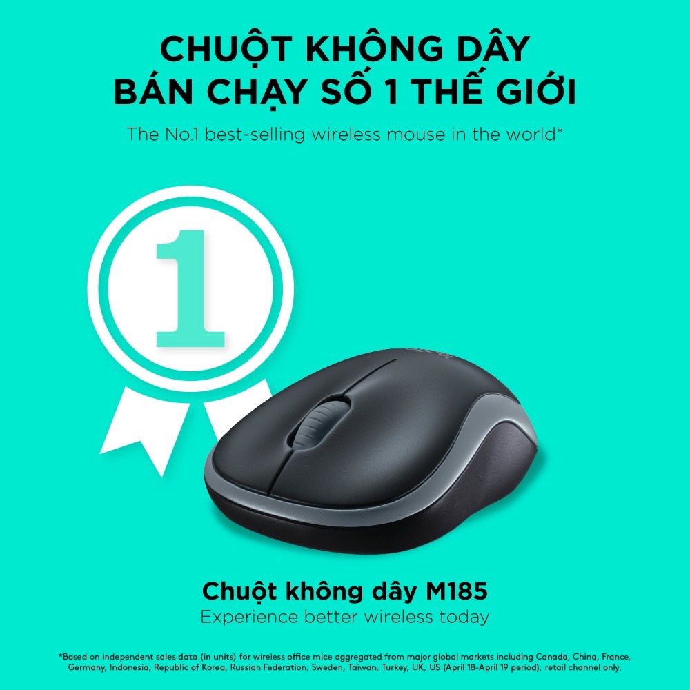 Chuột không dây Logitech M185 - USB, nhỏ gọn, phù hợp PC/Laptop