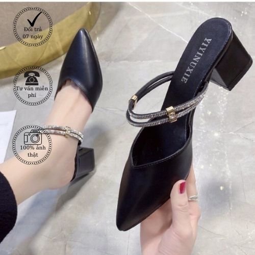 Giày cao gót nữ, sục mũi nhọn quai trơn hậu dây đính hạt xoàn - MÃ C06