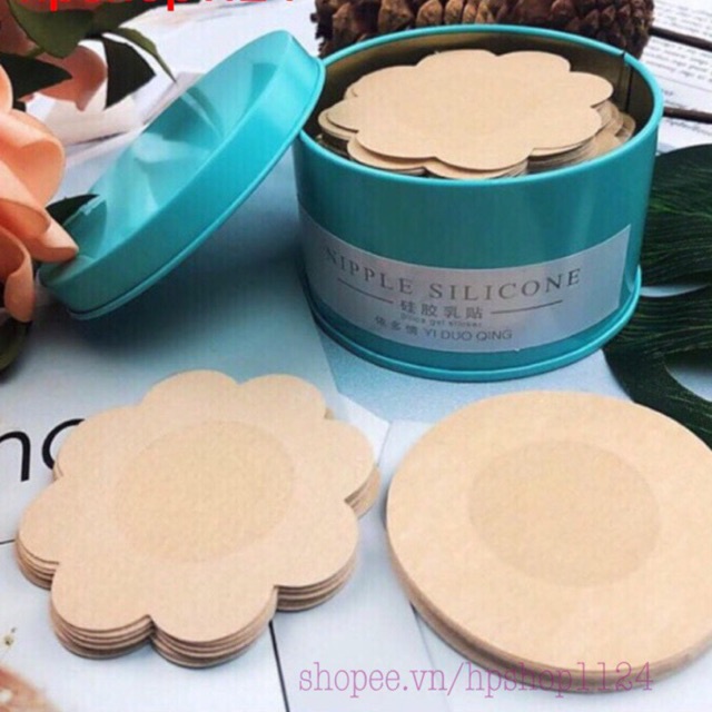 60 Miếng dán ngực - Miếng dán ti giấy hình hoa mai hộp thiếc xanh