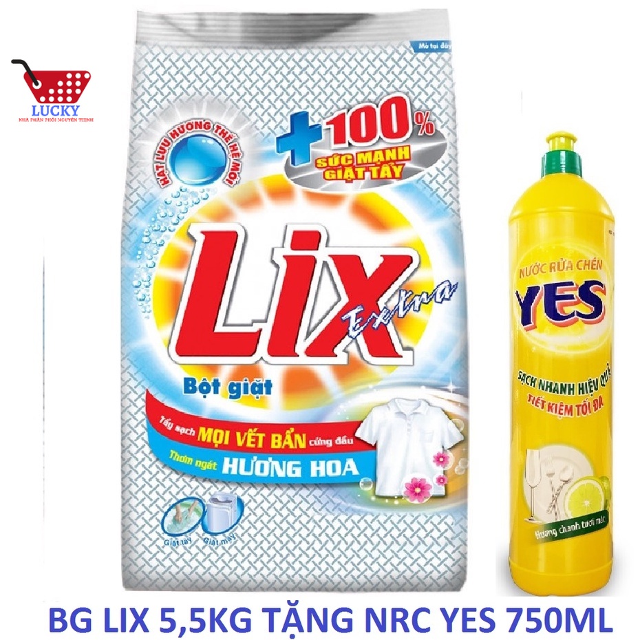 Bột Giặt Lix Ex tra Hương Hoa (5,5kg) Tặng Nước Rửa Chén 750g
