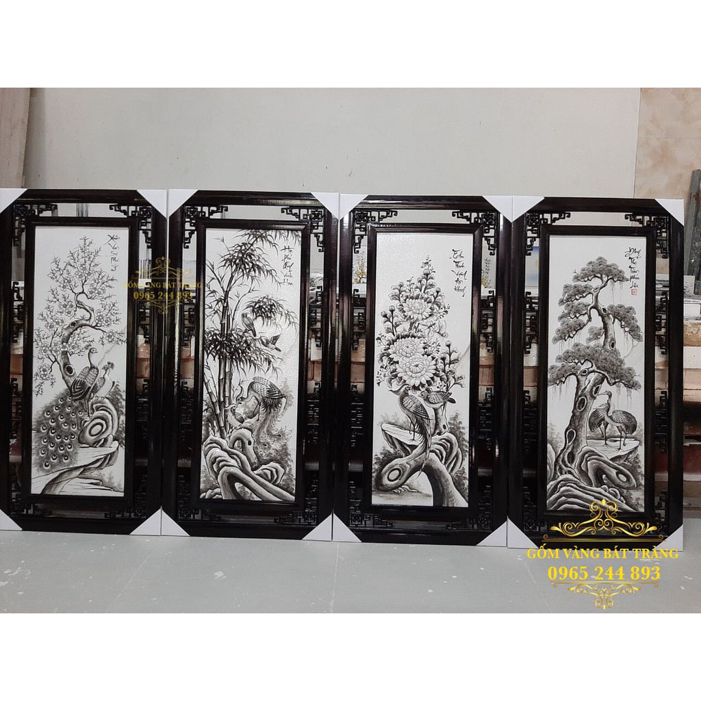 Bộ 4 bức Tranh Sứ Đắp Nổi Bát Tràng 50cmx1m 🔥 𝙎𝙞𝙚̂𝙪 𝙍𝙚̉ 🔥Tùng - Cúc - Trúc - Mai -Khung gỗ thông chống mối mọt | BigBuy360 - bigbuy360.vn