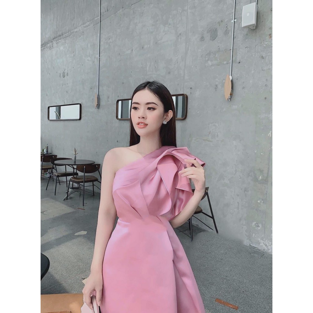 Đầm xoè dự tiệc kiểu lệch vai xếp eo đắp chéo tà (HÀNG CAO CẤP)