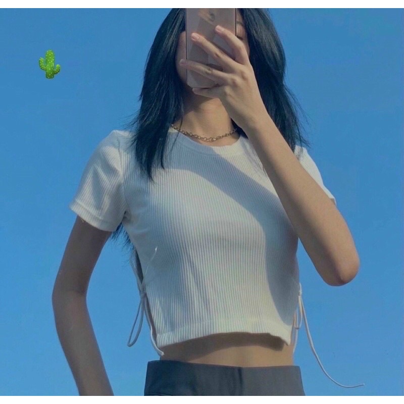 🌸ÁO CROPTOP THUN GÂN TAY NGẮN BUỘC NƠ HAI BÊN🌸