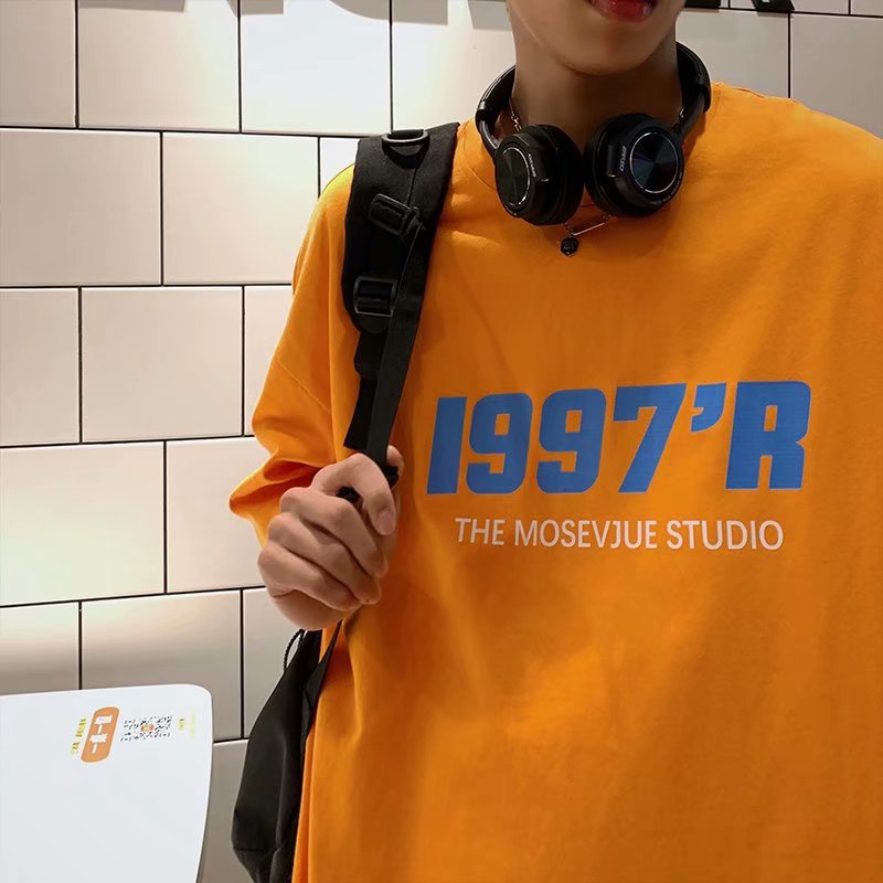 Áo thun tay ngắn dáng rộng in chữ phong cách Nhật Bản thời trang cho nam size M-5XL 1997