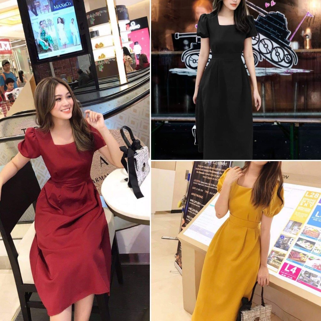 Đầm xòe cổ vuông tay phồng sang trọng - có nhiều size và màu, form dáng chuẩn dễ mặc dự tiệc, đi làm