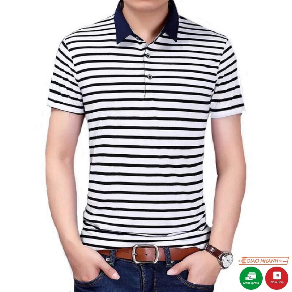 Áo Phông Nam Áo Thun Cổ Bẻ Kẻ Sọc Nhỏ Thời Trang
