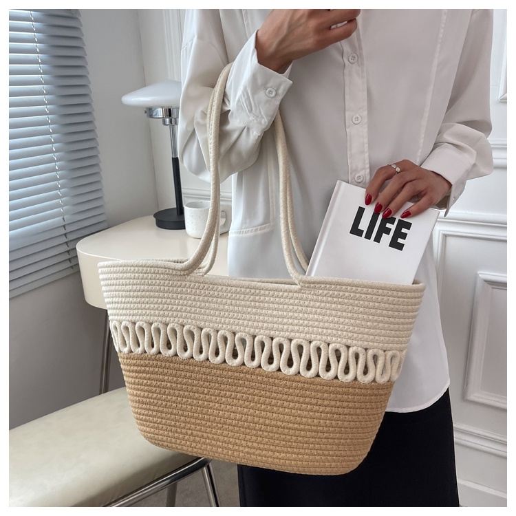 IELGY Túi Đeo Vai Bằng Rơm Đan Phối Sợi cotton Cỡ Lớn Thời Trang Cho Nữ