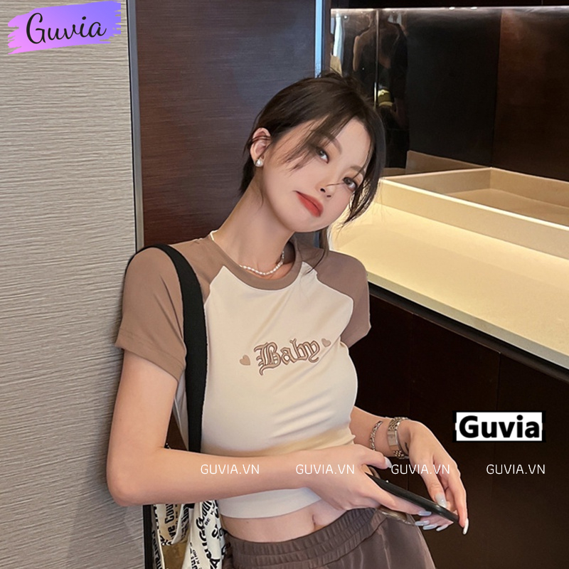Áo Croptop Ôm Body Nữ BABY THÊU Cổ Tròn Tay Ngắn, Áo Thun Croptop Kiểu Thêu Họa Tiết GUVIA CR85