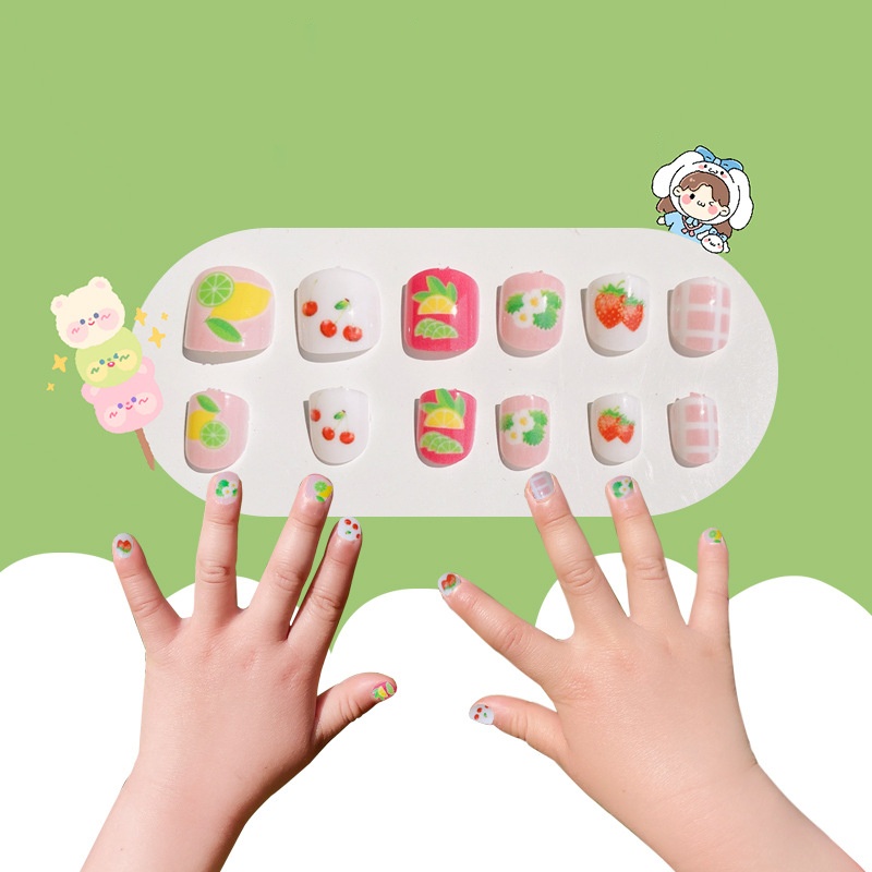 Sét 12 móng giả có in họa tiết nhiều màu sắc (có keo dán sẵn dưới móng) cho bé gái