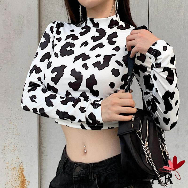 Áo Crop Top Dài Tay Cổ Cao Họa Tiết Da Bò Sữa Dễ Thương Cho Nữ