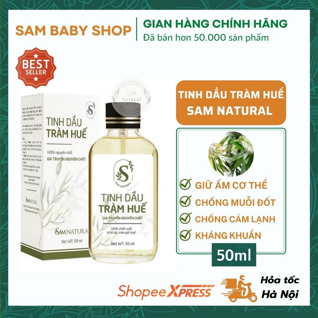 Tinh dầu tràm Huế nguyên chất Sam Natural 50ml - Dầu tràm gió thiên nhiên nguyên chất 100% - Có kiểm định chất lượng