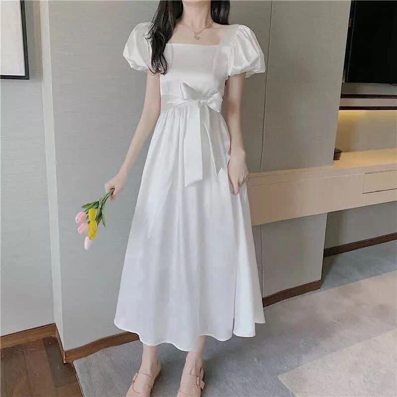 Đầm midi phi lụa trắng nữ tay phồng váy lửng xoè tiểu thư công chúa vintge ulzzang | BigBuy360 - bigbuy360.vn