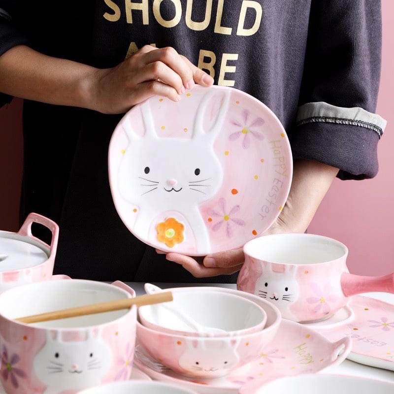 Bộ bát đĩa sứ decor sét thỏ hồng siêu kute đáng yêu