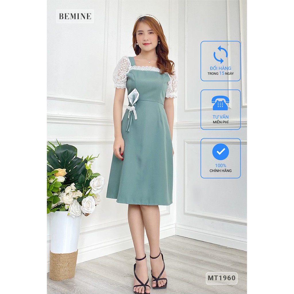 Đầm nữ cổ vuông tay phối ren hoa eo BEMINE MT1960XANH
