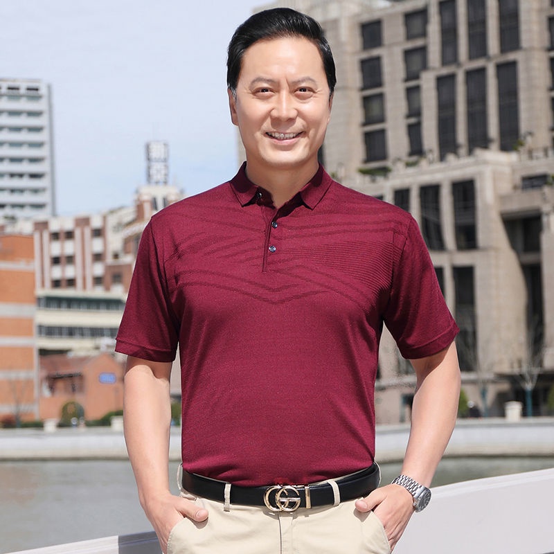 Baju Áo Thun baju T lelaki murahDad Tay Ngắn Bằng Lụa Lạnh Thời Trang Mùa Hè Cho Đàn Ông Trung Niên Gran