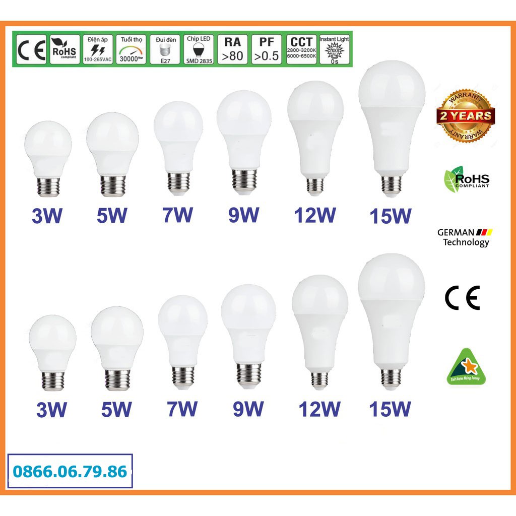 Bóng đèn led bulb 3W, 5W, 7W, 9W, 12W, 15W kín nước(chống nước) ánh sáng trắng, vàng