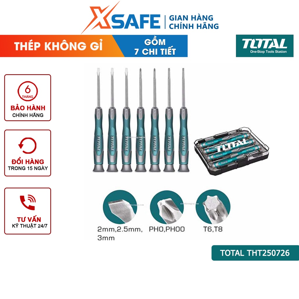 Bộ tua vít đồng hồ TOTAL THT250726 7 chi tiết, tay cầm tiện dụng, đa năng, chất liệu CR-V không gỉ - xsafe