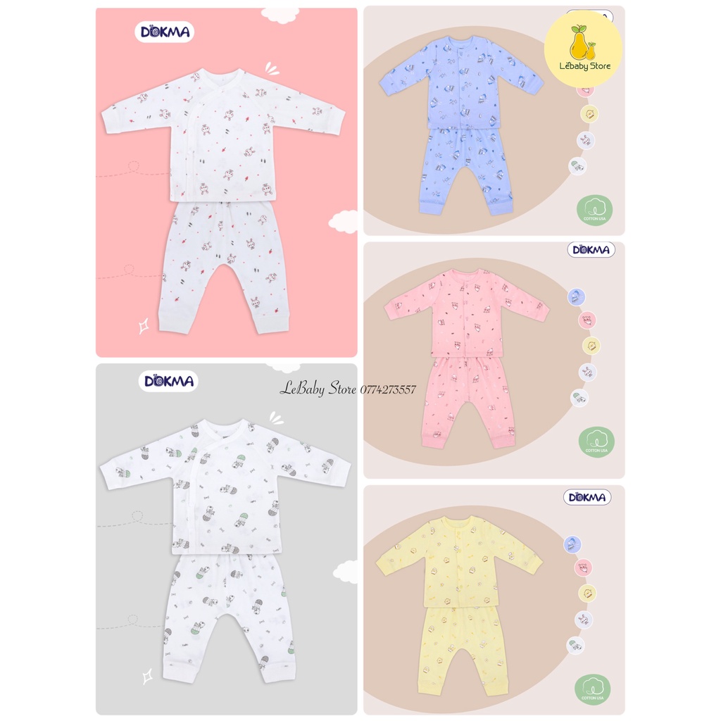 (NB-9M) Bộ sơ sinh cài giữa/cài lệch dài tay cotton  - DOKMA