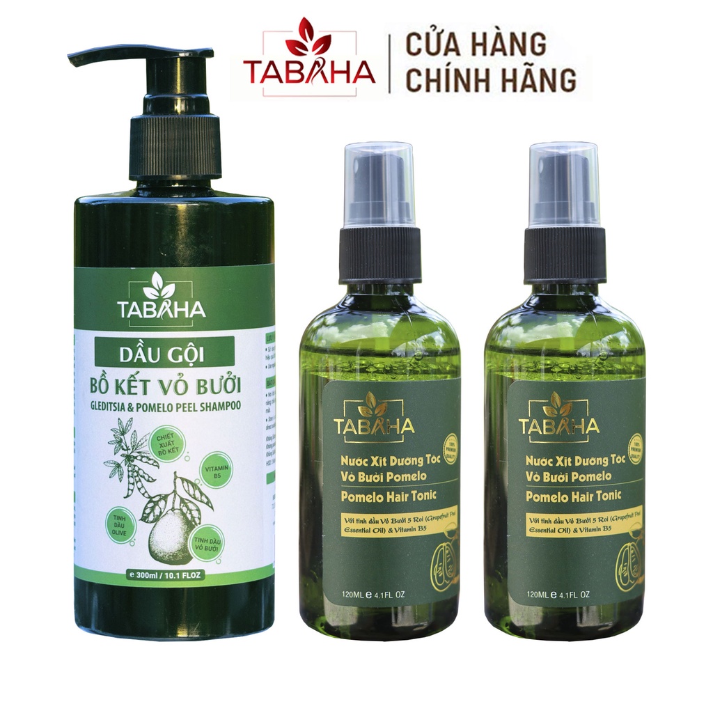 Liệu trình 1 Chai Dầu Gội Bồ Kết Vỏ Bưởi 300ml Và 2 Chai Xịt Mọc Tóc Nhanh Bưởi Pomelo Tabaha 120ml