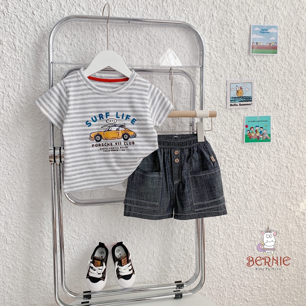 Bộ cotton hoạ tiết ô tô quần giả bò bé trai, set quần áo oto quần giả jean đẹp cho bé Bernie