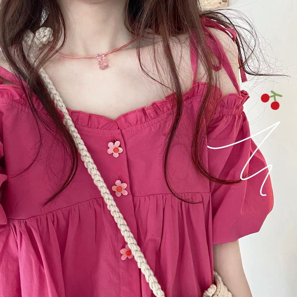 Áo kiểu trễ vai tay phồng thời trang mùa hè phong cách Nhật Bản thuần khiết dễ thương cho nữ