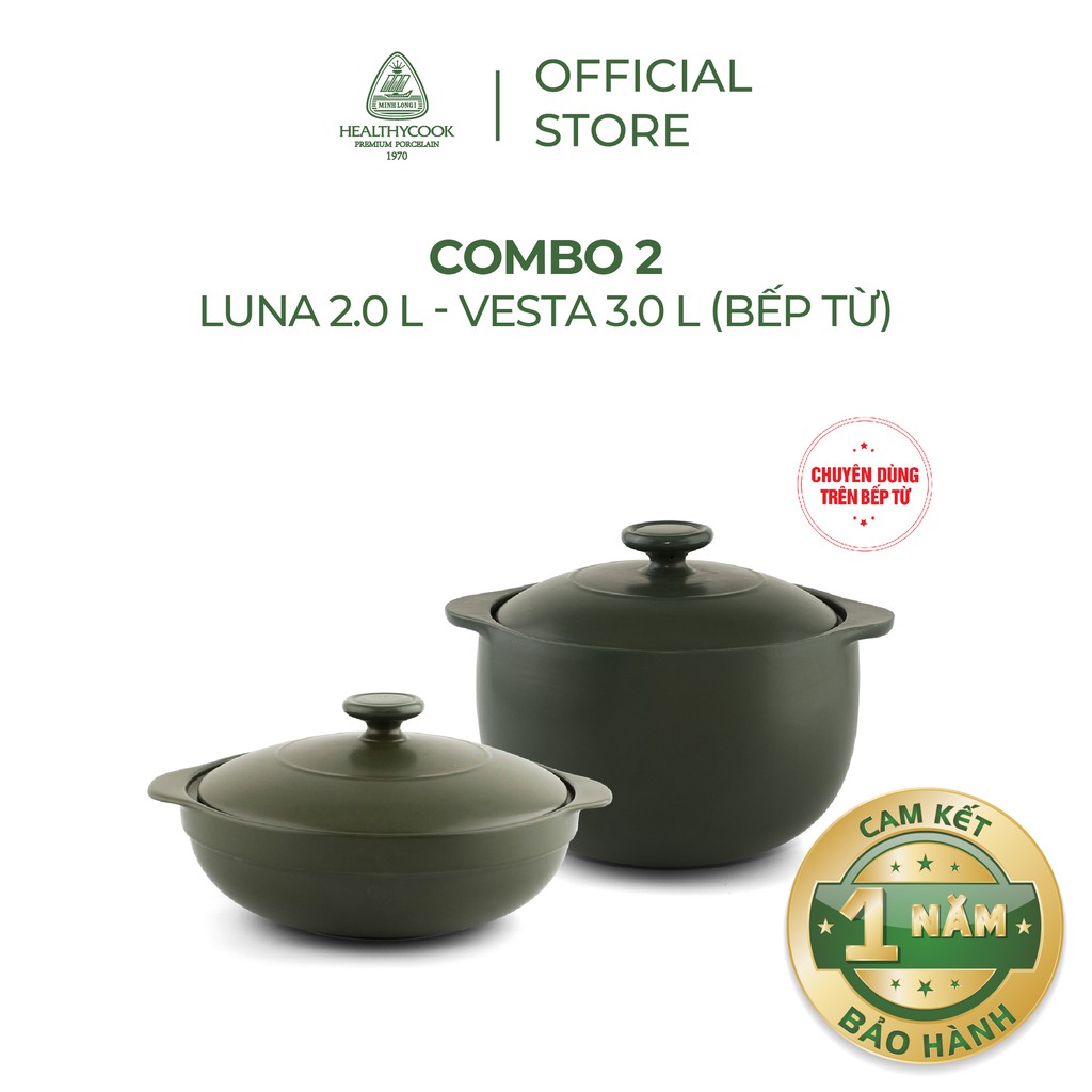 Combo nồi sứ dưỡng sinh Minh Long Luna 2.0L dùng cho bếp gas, vesta 3.0L dùng cho bếp từ (combo 2)