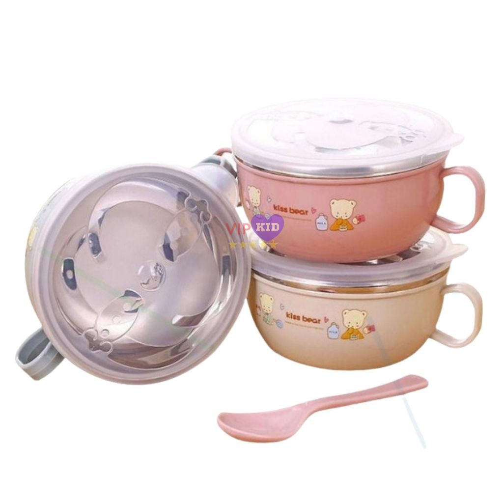 Bát ăn dặm cho bé inox Kiss Bear 2 lớp Cách Nhiệt Tặng Kèm Thìa Tập Xúc - VIPKID