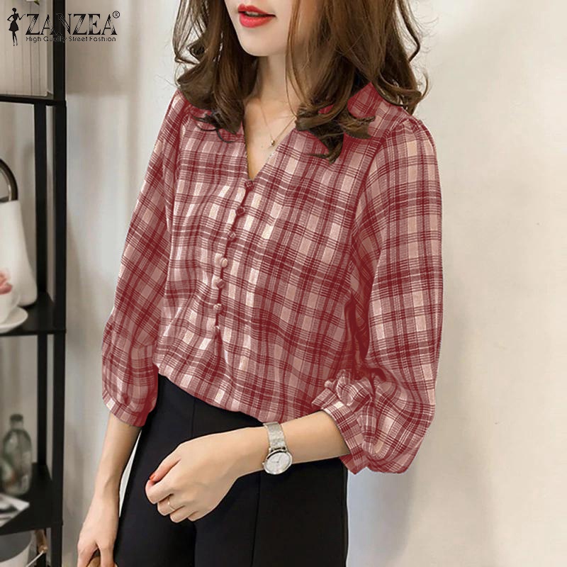 Áo sơ mi ZANZEA cổ chữ v tay 3/4 họa tiết caro dáng rộng cài nút thời trang cho nữ
