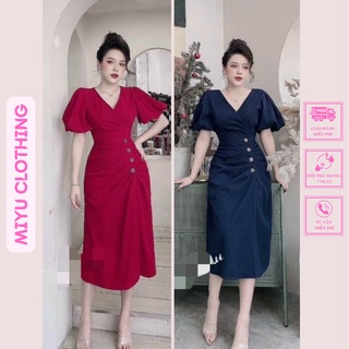 Đầm dạ hội cao cấp váy dự tiệc xanh dáng dài cổ tim rũ nút chéo chất liệu linen cao cấp MiyuClothing