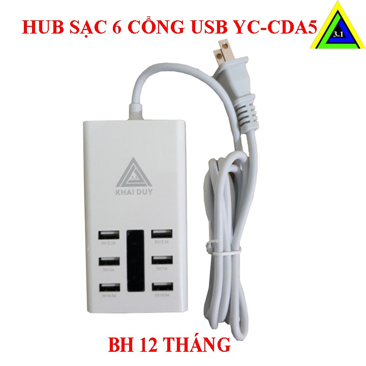 (Bảo Hành 1 năm) HUB Sạc Thông Minh 6 USB YC-CDA5 Chính Hãng Khai Duy Bảo Hàng 1 Năm