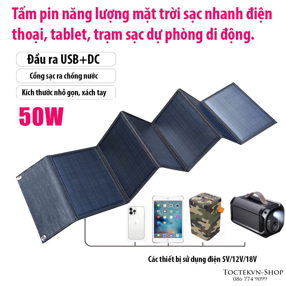 Tấm pin năng lượng mặt trời gấp gọn 50W - Dùng cho du lịch, dã ngoại, mobihome, xe bán hàng lưu động ...