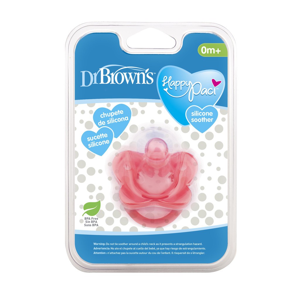 Ty ngậm Dr Brown's siêu mềm đầu tròn Happy Paci- màu xanh, hồng dành cho bé 0 tháng trở lên