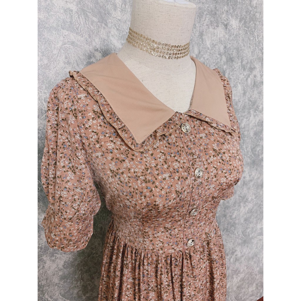 Váy hoa nhí Chiffon cao cấp kiểu dáng vintage pha cổ tàu, tay cộc - Đầm ulzzang Thời trang Shoplora