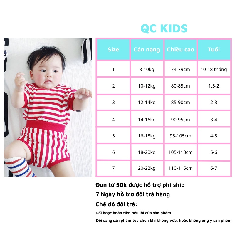 Quần áo trẻ em sơ sinh 0 12 tháng QC-KIDS, bộ body cho bé trai bé gái mùa hè cộc tay chất cotton mẫu kẻ 3-15kg