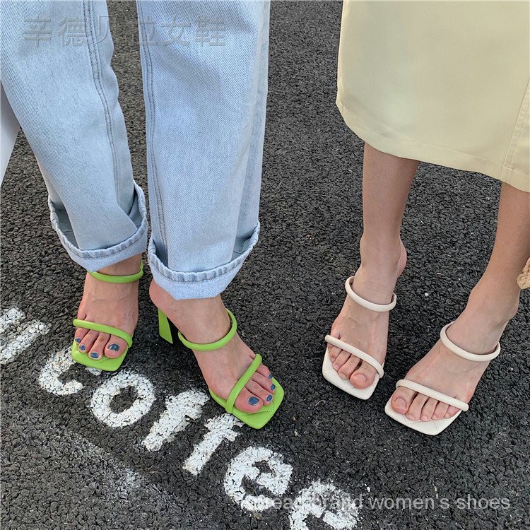 Dép Sandal Cao Gót Hở Ngón Mũi Vuông Dây Mỏng Phong Cách Hàn Quốc Mới Cho Nữ