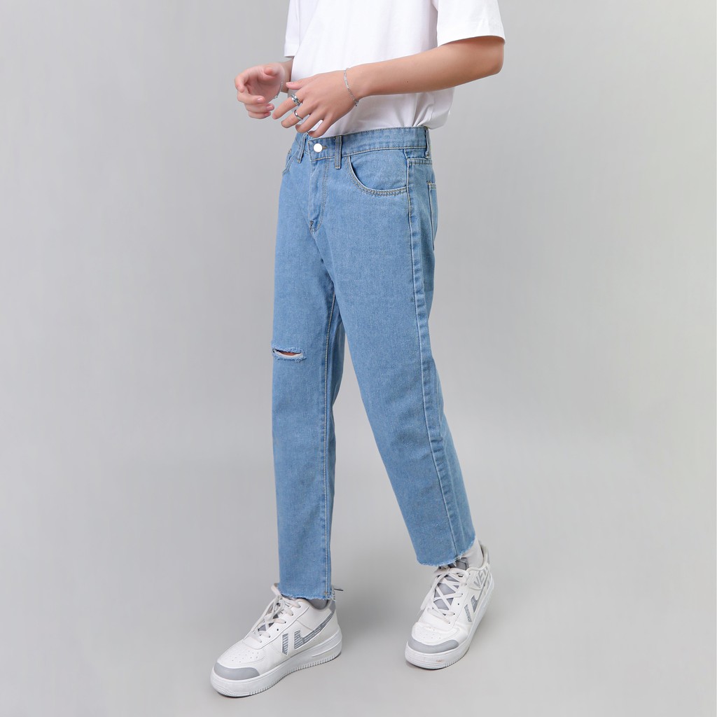 Quần Jean Nam Rách Gối MANDO Vải Bò Cao Cấp 2 Màu Xanh Đen Form Suông Rộng Basic Unisex Thời Trang Hàn Quốc QJN056