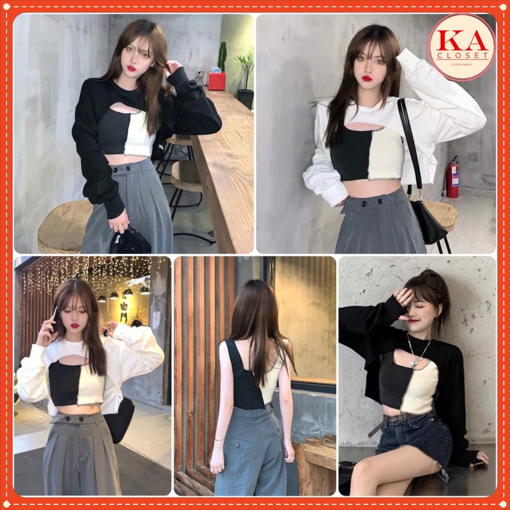 set áo croptop KA Closet 2 món áo ngoài + áo trong mặc được 2 kiểu chất zip cotton dầy mịn co dãn mềm