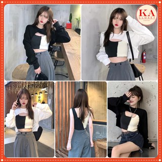set áo croptop KA Closet 2 món áo ngoài + áo trong mặc được 2 kiểu chất zip cotton dầy mịn co dãn mềm