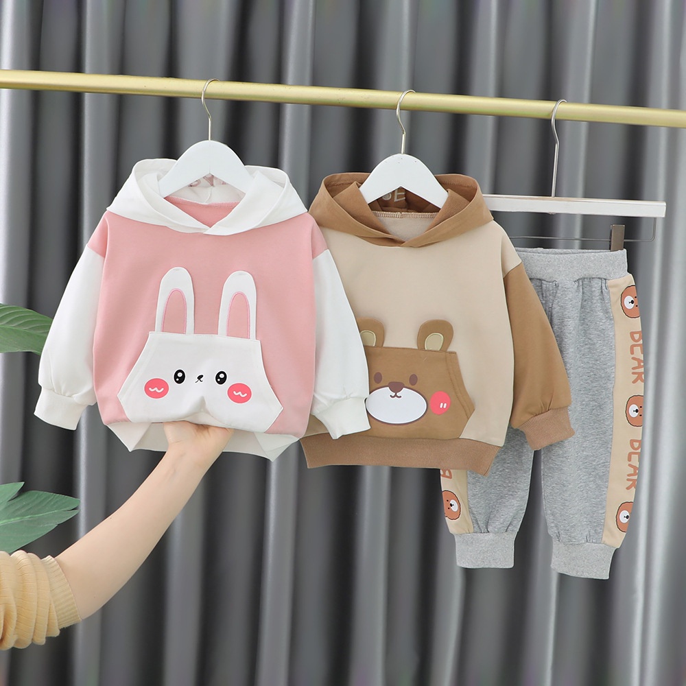Bộ BEAR LEADER gồm áo sweater tay dài có mũ trùm và quần in hình gấu kiểu phương Tây mùa xuân thu cho bé gái 0-4 tuổi